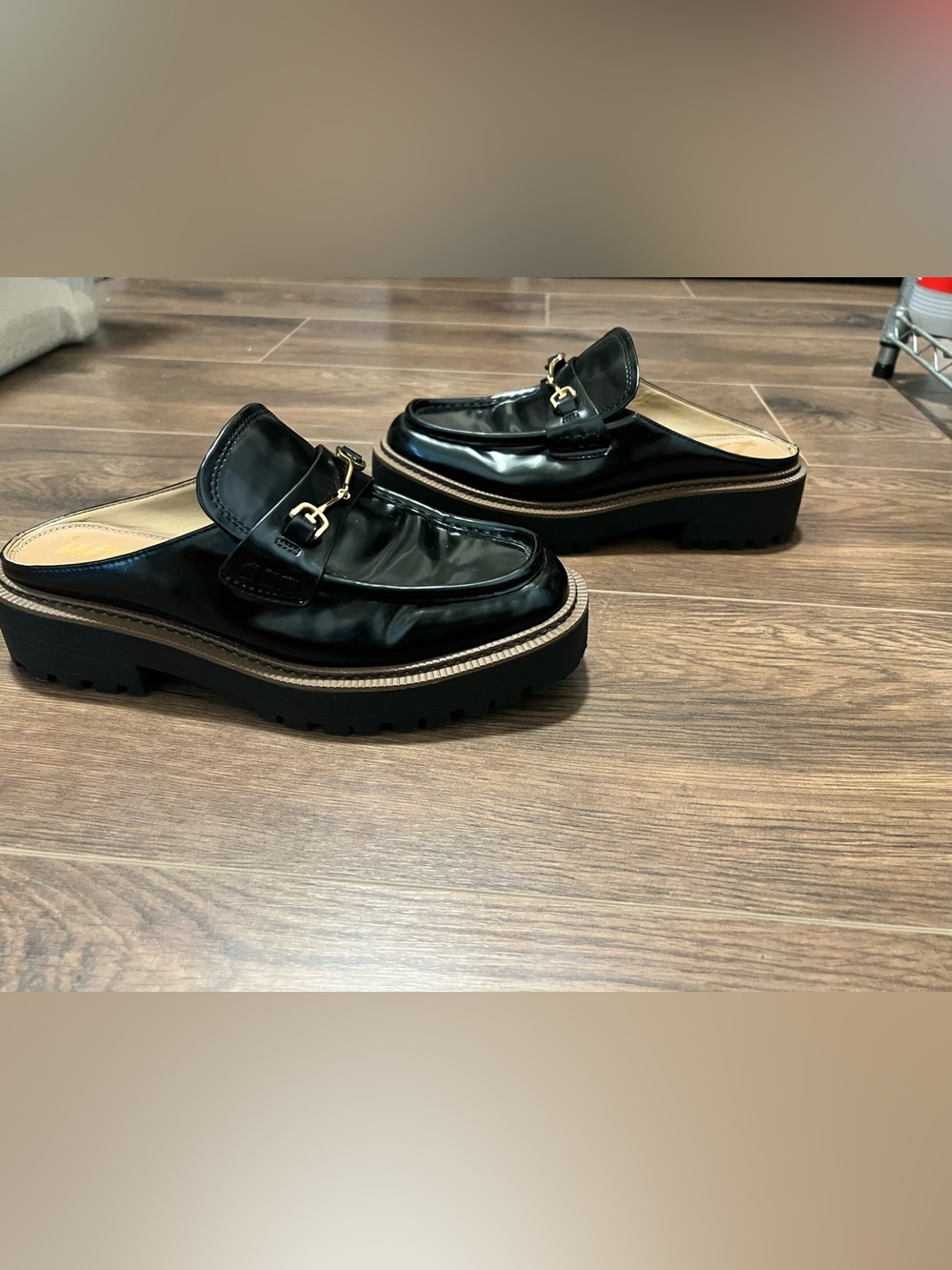 Sam Edelman Black Patent Leather Lug Sole Slip-On Mule Loafers with Gold Bit